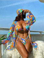 【MOQ-5 packs】 Printed Shawl Halter Swimsuit Three Piece Set Mesh Sunscreen Beach Spring Bikini