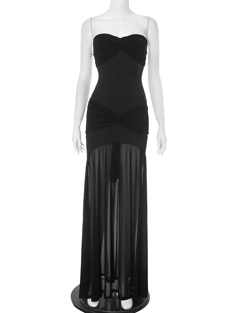 Women Clothing Solid Color Sleeveless Backless Slim Fit Sheath Pleated Tube Top Maxi Dress Bella Mia