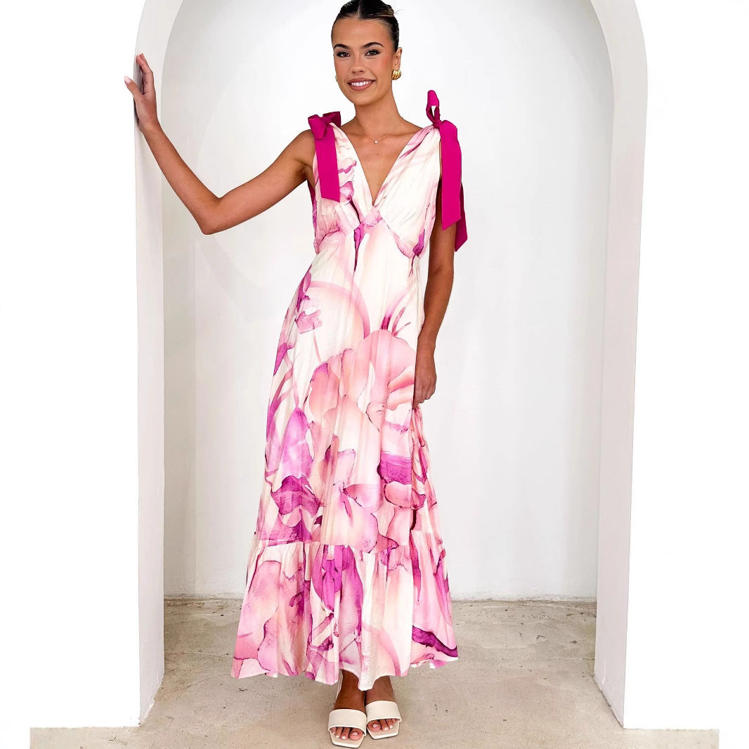 Summer Women Maxi Dress V neck Sleeveless Printed Dress