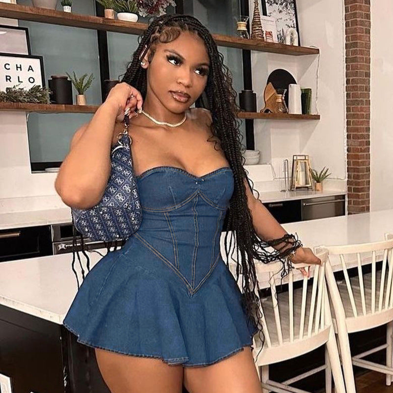 Summer Sheath A Line Sexy Tube Top Imitation Denim Dress Women Bella Mia