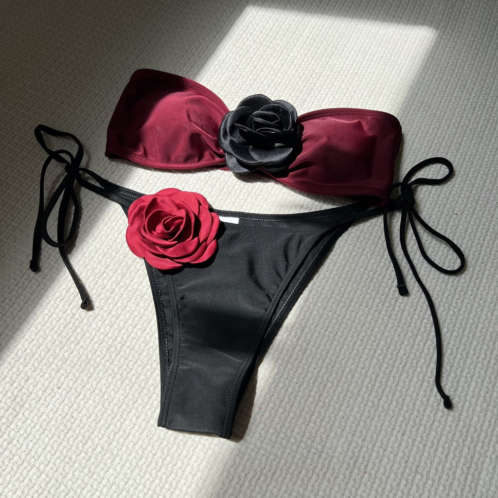 Color Matching Rose Tube Top Lace up Drawstring Strap Split Swimsuit Bikini Bella Mia