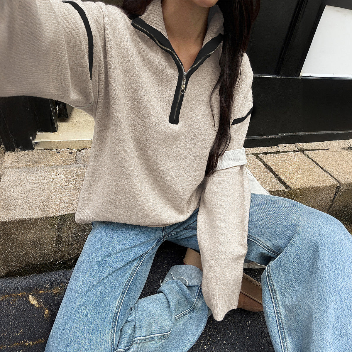 Casual Simple Solid Color Long Sleeve Zipper Sweaters Women Clothing Autumn Winter Bella Mia