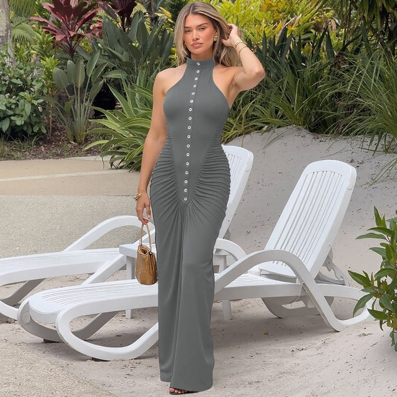 French Women Autumn Slim Fit Crumpled Button round Neck Sleeveless Dress for Women Bella Mia