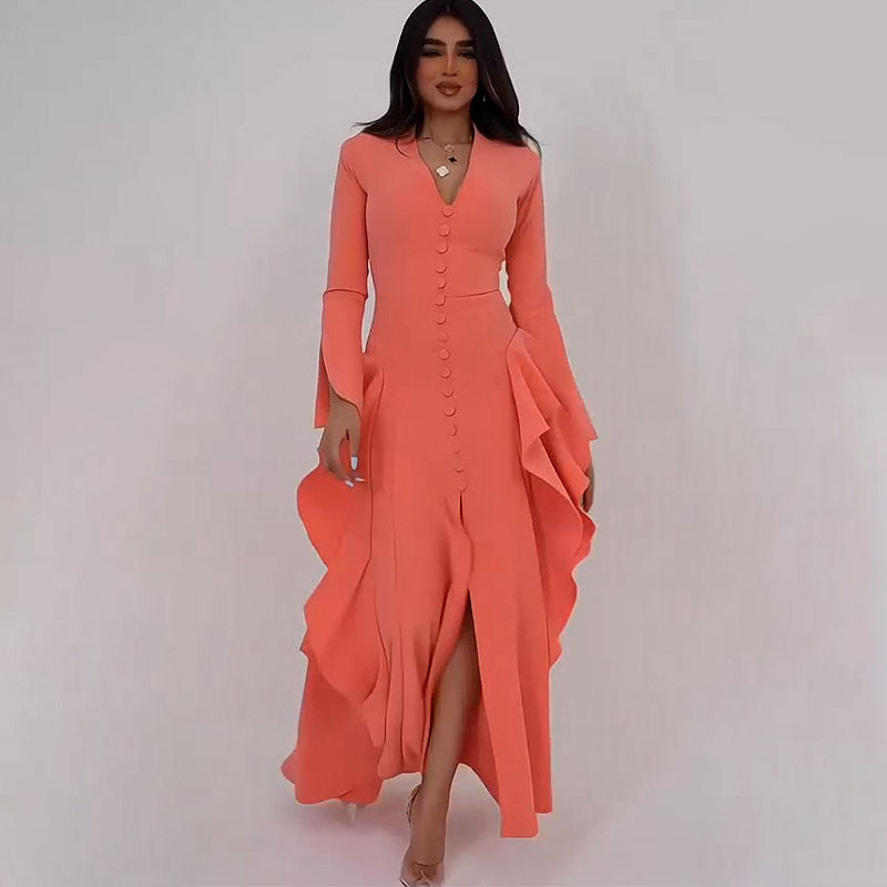 Summer V neck Long Slit Elegant Ruffle Dress Bella Mia