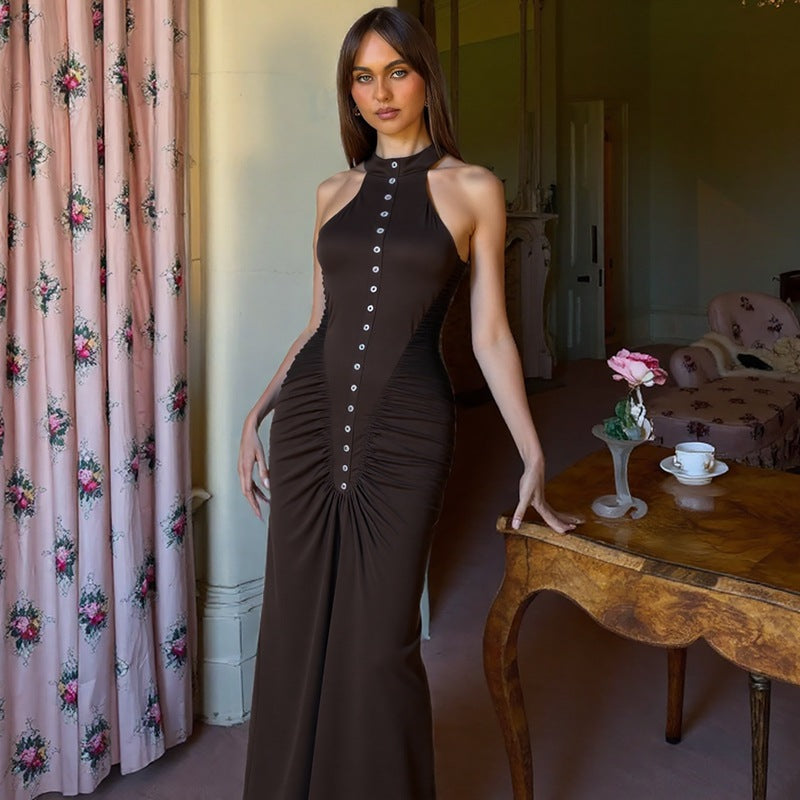French Women Autumn Slim Fit Crumpled Button round Neck Sleeveless Dress for Women Bella Mia