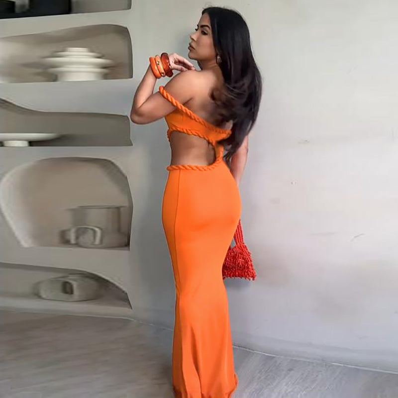 Summer Women Clothing Sexy off Neck Hollow Out Cutout out Cropped Slim Hip Dress Bella Mia