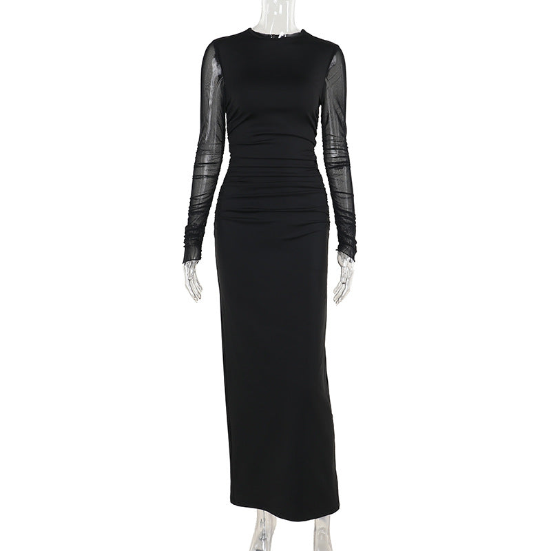 Autumn Long dress Socialite Elegant Slim Fit Mesh Sleeves Solid Color Dress Women Bella Mia