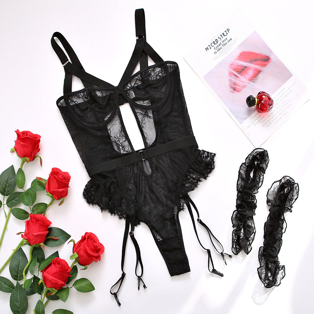Sexy Lace Lace Cutout See through Sling One Piece Sexy Lingerie Jumpsuit with Leg Ring Bella Mia