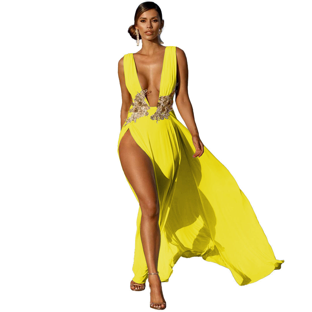 New Ladies Maxi Dress Sexy Fashion Wedding Evening Dress Deep V Plunge Plunge High Slit Part Large Swing Mop Dress Bella Mia