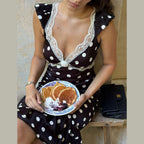 Women Clothing Autumn Elegance Retro V neck Slim Fit Sexy Backless Lace Polka Dot Dress Women Bella Mia