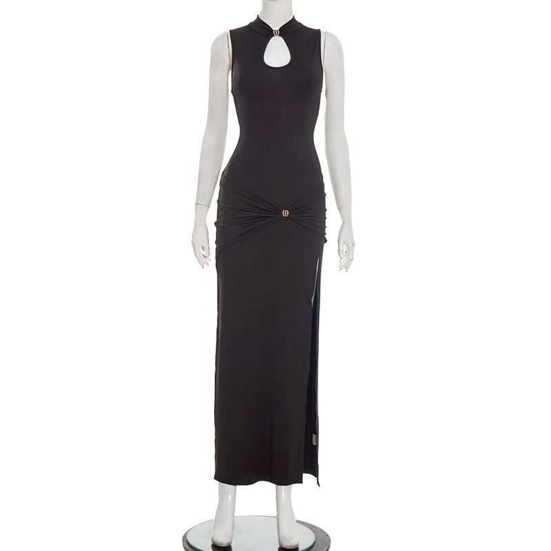 Women Clothing Spring Metal Buckle Half Turtleneck Sleeveless Sheath Slit Pleated Dress
