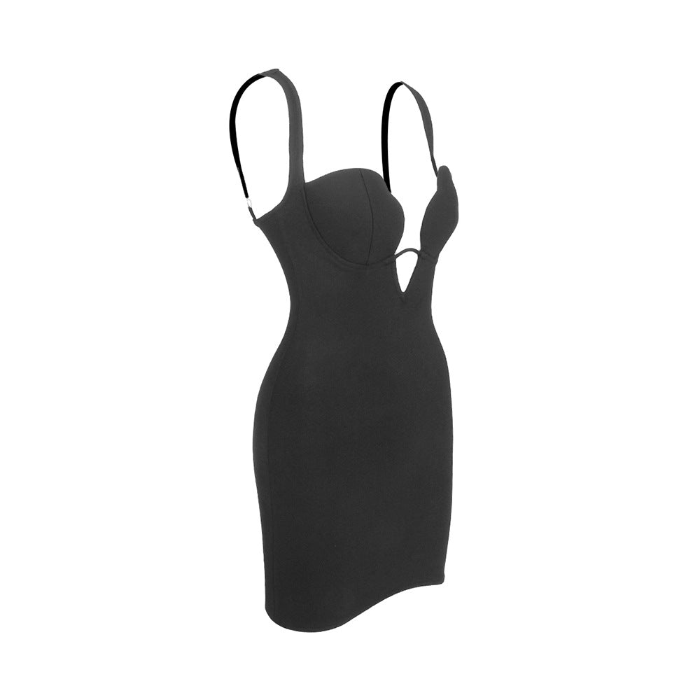 Sexy V neck Strap Zipper Furcal Lower Hem Dress Nightclub Black French Dress Bella Mia
