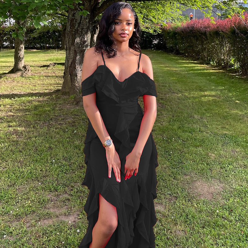 Women Clothing Solid Color Dress Sexy Spaghetti Straps Sleeveless Ruffled Irregular Asymmetric Maxi Dress Bella Mia