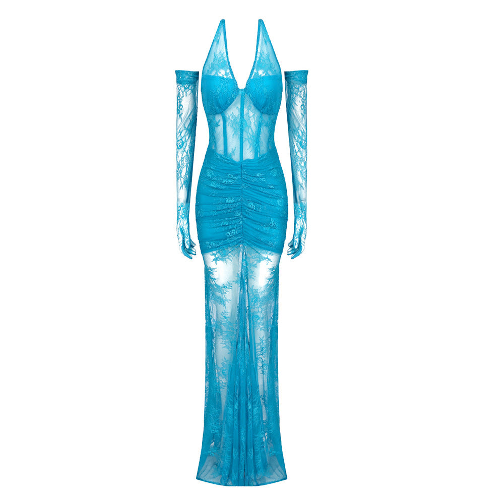 Spring Summer Black Blue Lace Halter Dress Women Gloves Semi-Transparent Sexy Dress Bella Mia