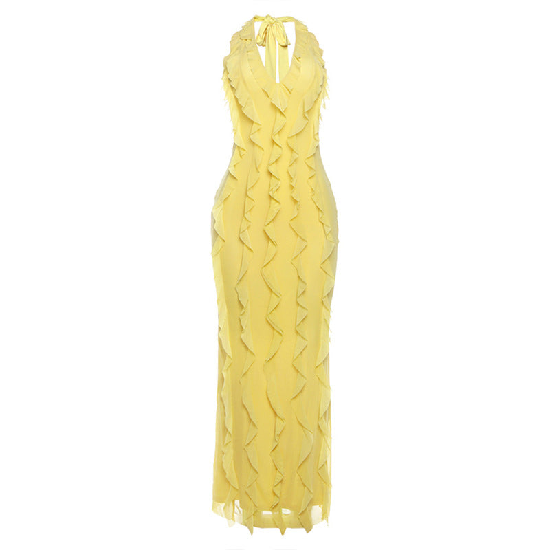 Women Clothing Fashionable Temperamental All Match Solid Color Deep V Plunge Sexy Halter Backless Sling Dress Bella Mia
