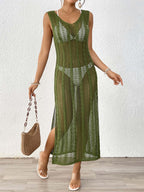 Women Holiday Beach Skirt Women Clothing Hollow Out Cutout Woven Shirt Vest Skirt Long Skirt Sexy Slit Dress Bella Mia