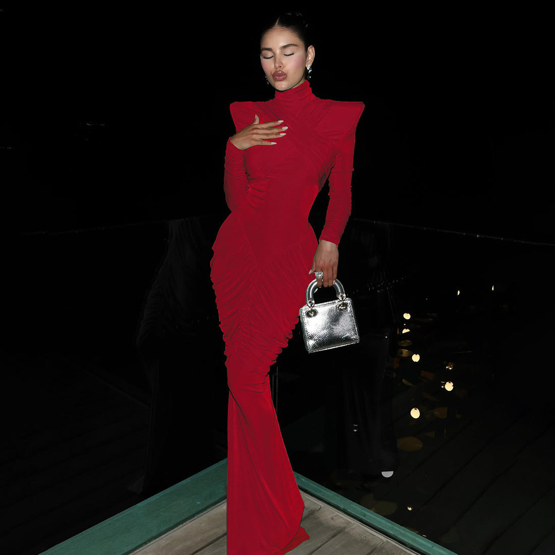 Fall Women Clothing Solid Color Turtleneck Backless Stitching Pleated Slim Fit Dress Bella Mia