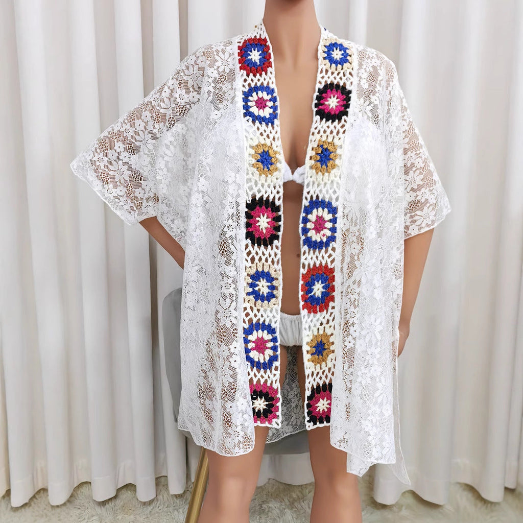 Ladies Overclothes Beach Cover up Random Color Hand Crocheting Stitching Lace Sexy See through Sun Protection Cardigan Bella Mia