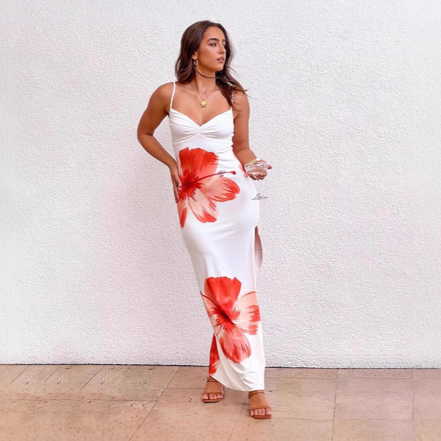 Summer Women Clothing Sexy V neck Brace Floral Print Slim Fit Dress Bella Mia