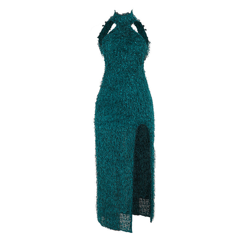 Halter Fur Texture Split Backless Dress Women Sexy Slim Fit Hip Bella Mia