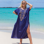 Blue Embroidered Vacation Robe Loose Seaside Beach Dress Sun Protection Clothing Bikini Swimsuit Blouse Bella Mia