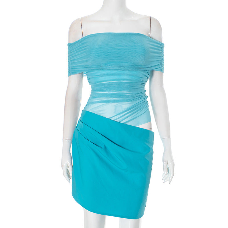 Women Clothing Mesh Stitching off Neck Transparent Slim Fit Sheath Dress Bella Mia