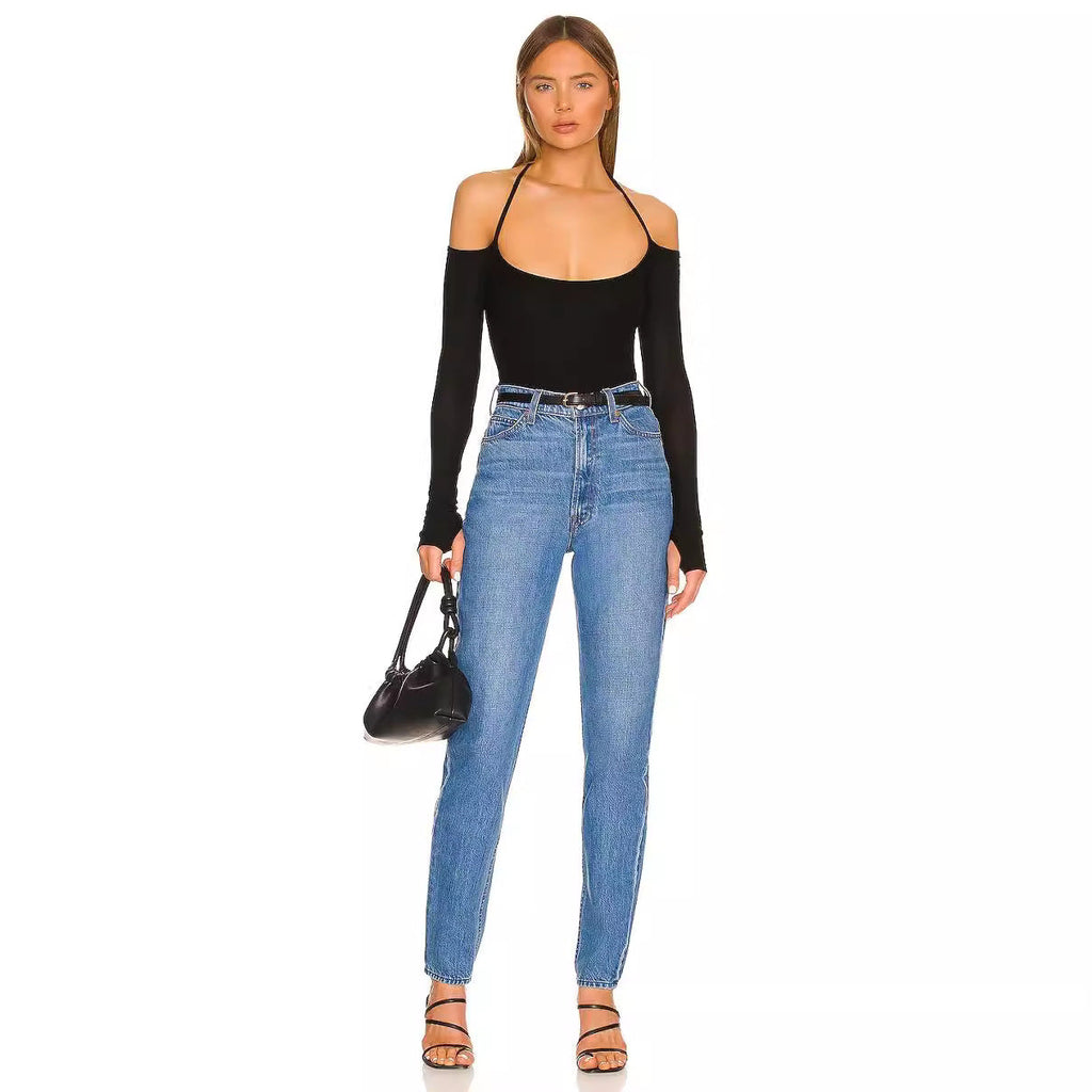 Autumn Long Sleeve Thumb Hole T shirt Sexy Halter off Shoulder Women Clothing Design Blouse Bella Mia