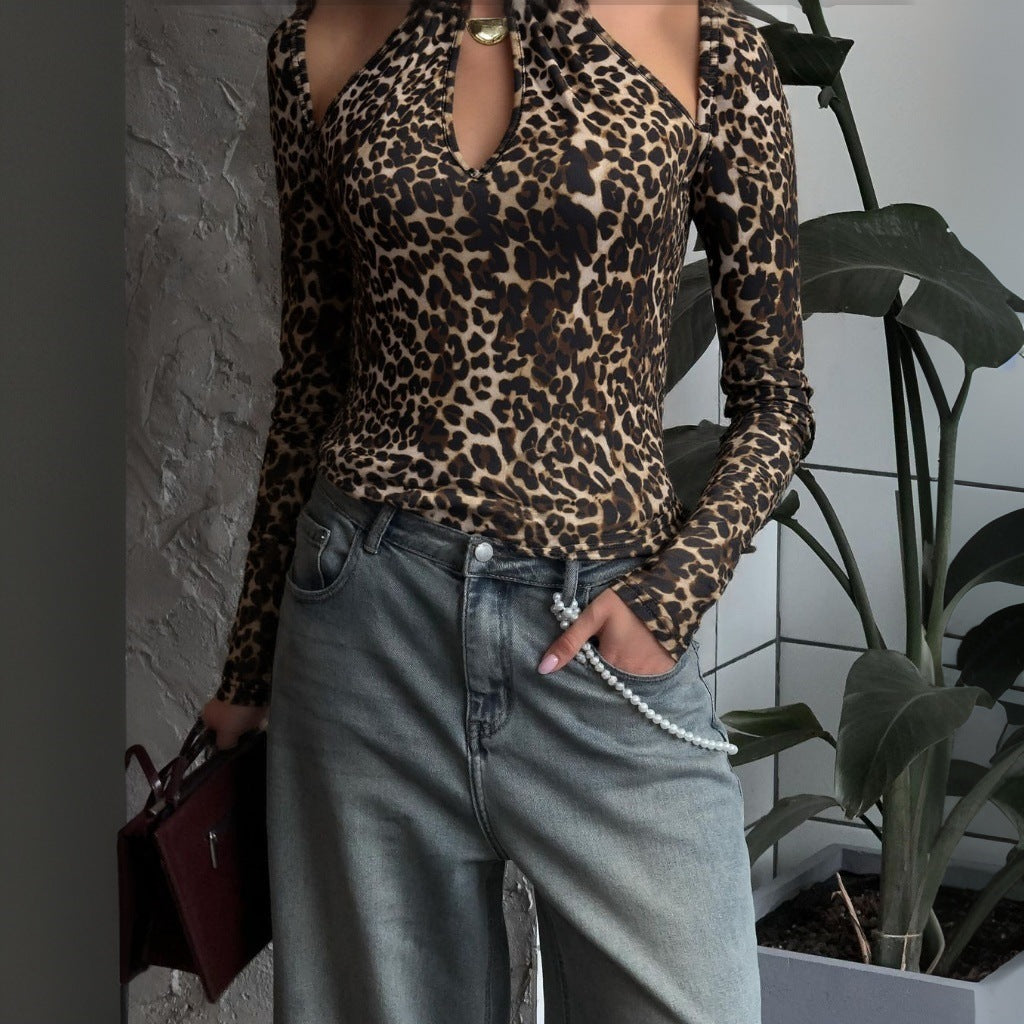 Women Clothing Autumn Sexy Vintage Leopard Print Halterneck Long Sleeved Sexy Top for Women Bella Mia