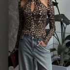 Women Clothing Autumn Sexy Vintage Leopard Print Halterneck Long Sleeved Sexy Top for Women Bella Mia
