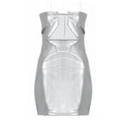 Women Clothing Faux Leather Personality off Neck Low Cut Sexy Sheath Sleeveless Backless Dress Women Bella Mia
