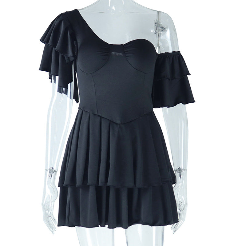Solid Color Pleated Ruffle Sleeve Dress Irregular Asymmetric Diagonal Collar Tiered Dress Pullover Street Hipster Dress for Women Bella Mia