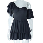 Solid Color Pleated Ruffle Sleeve Dress Irregular Asymmetric Diagonal Collar Tiered Dress Pullover Street Hipster Dress for Women Bella Mia