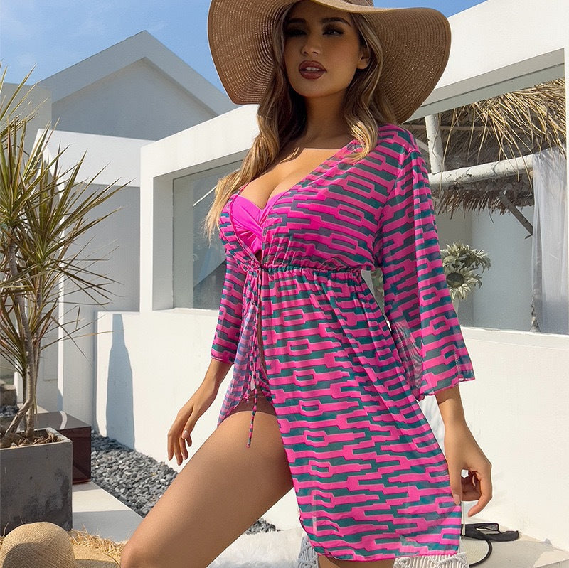 Lonkey Mesh Three Piece Swimsuit Women's Digital Printing Twist Bag Sun Protection Clothing Bella Mia