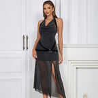 Dress Simple Sexy Halter Bright Silk Sleeveless Slim Fit Slit Dress Women Dress Bella Mia