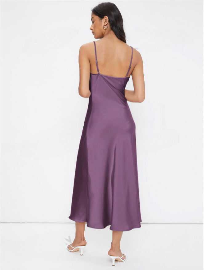Women Clothing Spring Summer Satin Sling Deep V Plunge neck Slim Solid Color Dress Bella Mia