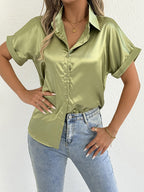 Women Clothes Summer Blue Color Satin Shirt Women Satin Shirt Bella Mia