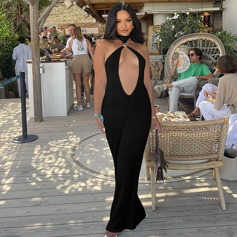 Women Clothing Winter Solid Color Tied Halter Sexy Cutout Slim Fit Dress Bella Mia