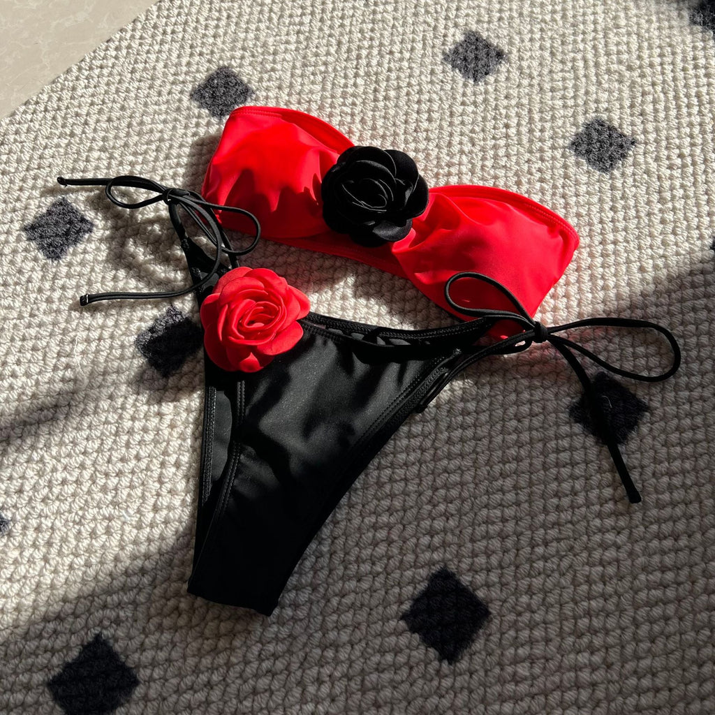Color Matching Rose Tube Top Lace up Drawstring Strap Split Swimsuit Bikini Bella Mia