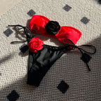 Color Matching Rose Tube Top Lace up Drawstring Strap Split Swimsuit Bikini Bella Mia