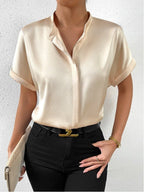 Women Solid Color Satin Short Sleeve Shoulder Stand Collar Short Sleeve Satin Shirt Bella Mia