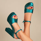 Peep Toe Sandals Women plus Size Satin Fabric Chunky Heel Ankle Ring Buckle Sandals Bella Mia