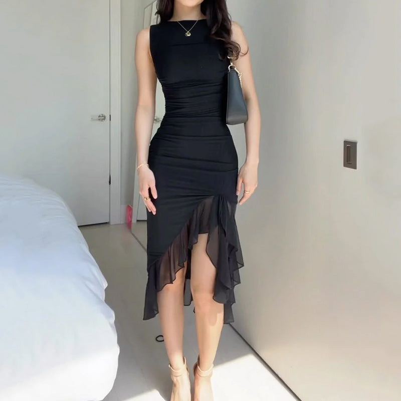 Women Clothing Summer Round Neck Tight Waist Solid Color Tight Dress Bella Mia