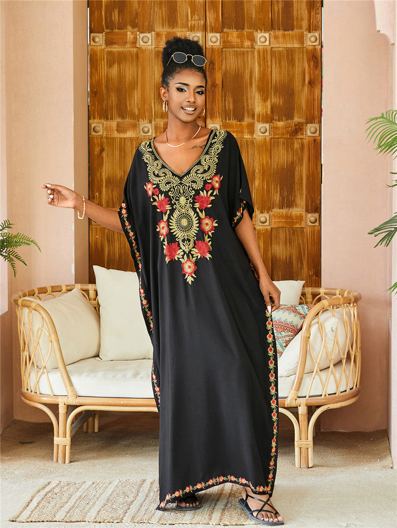 White Rayon Embroidered Beach Cover Up Robe Vacation Skirt Embroidered Dress Beach Cover Up Bella Mia