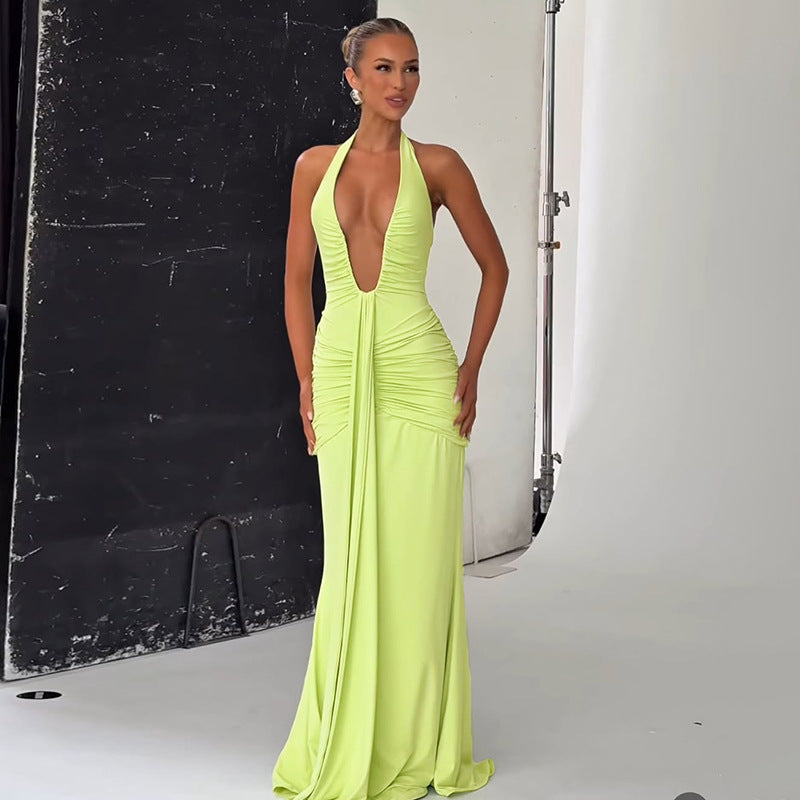 Spring Summer Women Elegant Sexy Deep V Plunge neck Halter Slim Pleated Dress Women Bella Mia