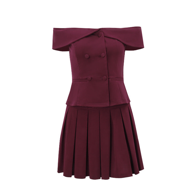 Spring Sexy Double Breasted off Shoulder Top Pleated Skirt Set Bella Mia