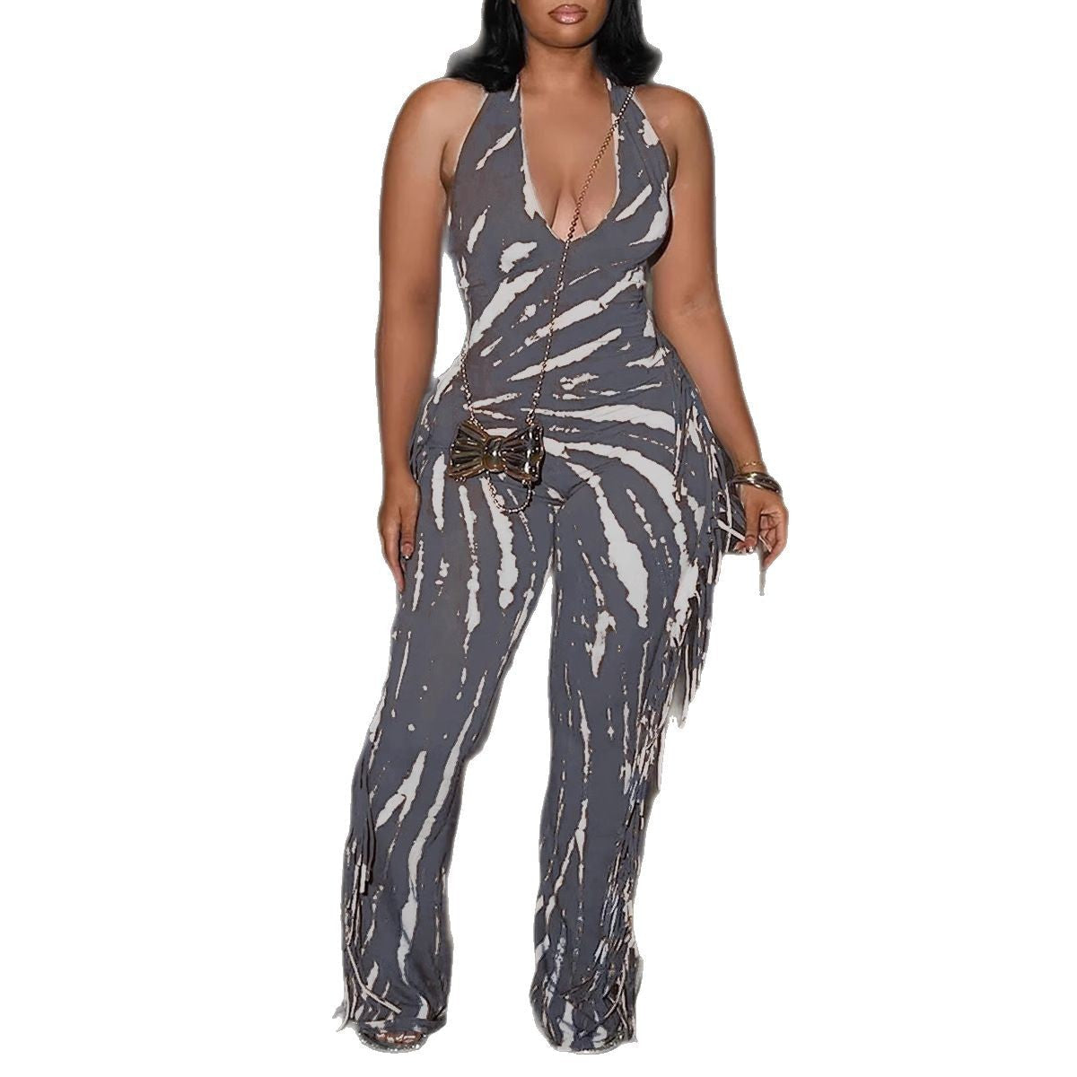 Elegant Sexy Slim Fit Stretch Backless Tassel Printed Halter Strap Micro Pull Jumpsuit Bella Mia