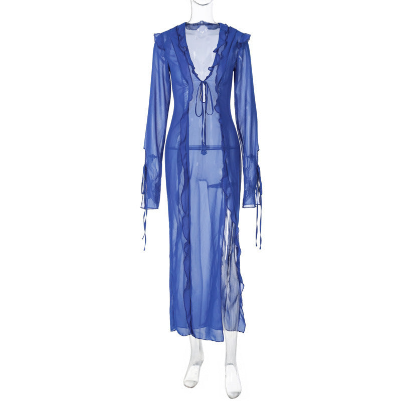 Summer Women Clothing Sexy See through Reverse Car Side Lace V neck Split Dress for Women Bella Mia