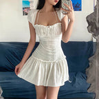 Summer Sexy French Low Cut Square Collar Halter Lace Up Design Short Sleeve Pleated Dress Women Bella Mia
