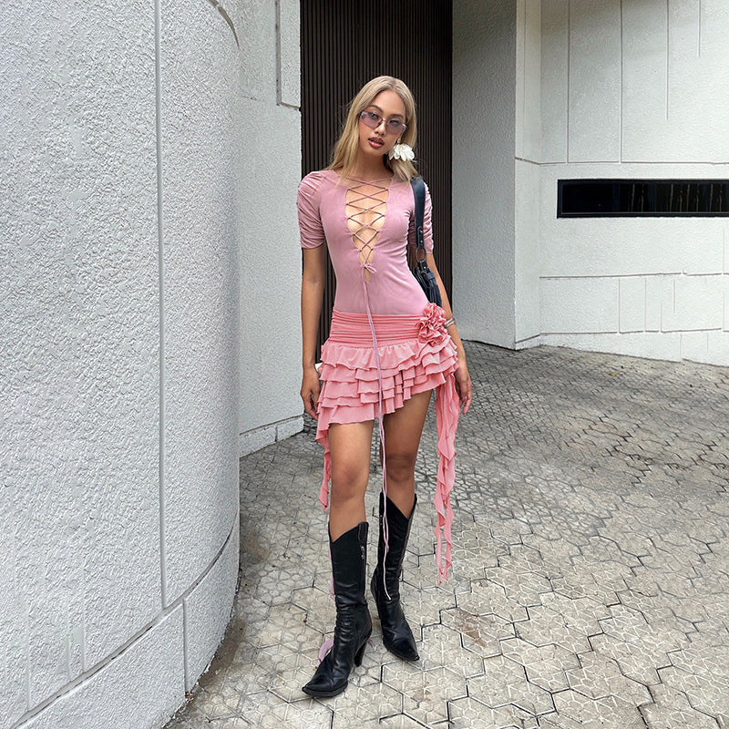 Summer Women Clothes Sexy Unique Design Deep V Plunge Lace up Irregular Asymmetric All Match Dress Women Bella Mia