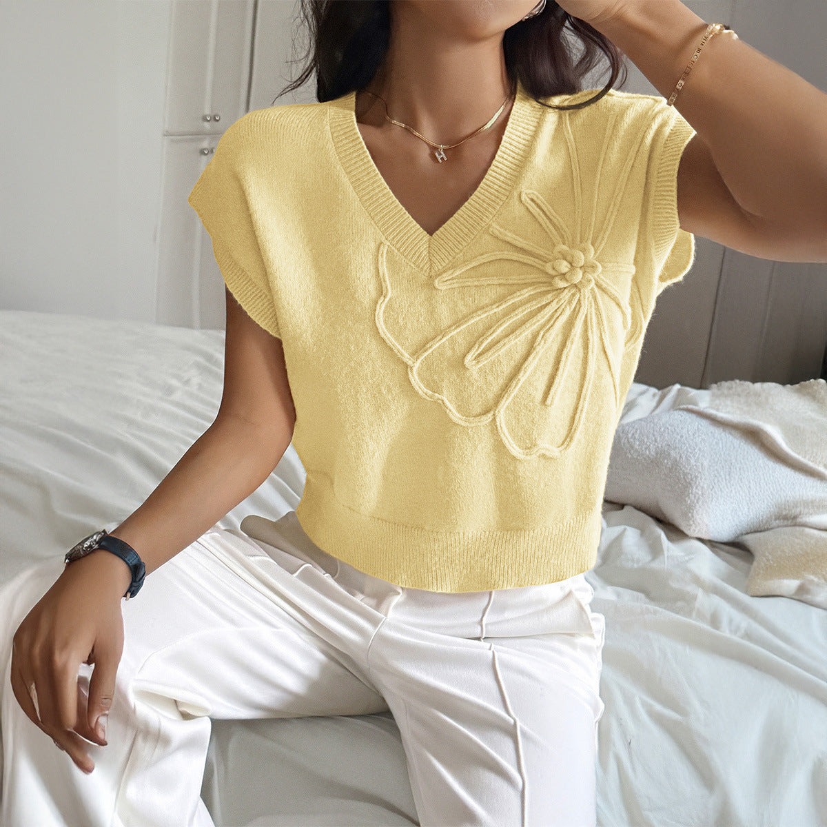 Women Clothing Autumn Winter Casual Vacation Deep V Plunge Neck Solid Color Sweater with Short Sleeves Bella Mia